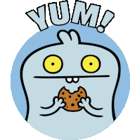 a cartoon of a monster eating a cookie with the words yum written above it