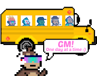 a pixel art of a school bus with a speech bubble that says gm