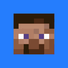 a pixel art of a man 's face with purple eyes