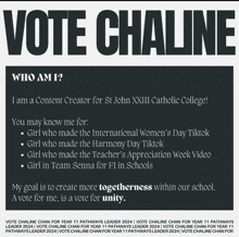 a poster asking people to vote chaline for st john xxii catholic college