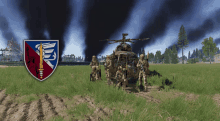 a group of soldiers standing next to a helicopter in a field with a shield that says ' ambulance '