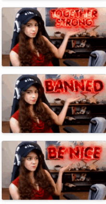 three pictures of a woman with the words together strong banned and be nice behind her