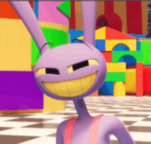 a purple cartoon character is smiling in front of a checkered floor