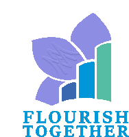 a logo for flourish together with a purple flower in the middle