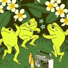 three frogs are dancing in a garden with a boombox and two bottles of soda