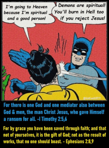 a cartoon of batman and robin talking about demons and jesus