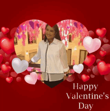 a happy valentine 's day card with a woman in a heart frame