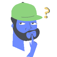 a man with a beard wearing a green hat and a question mark above his head