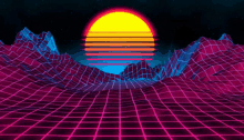 a futuristic landscape with mountains , a sun and a grid .