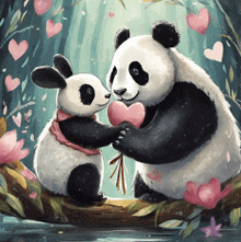 a panda bear holding a pink heart while another panda bear holds a bouquet of flowers