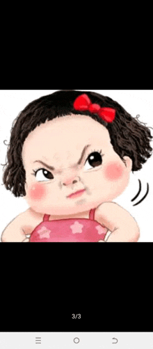 a cartoon of a baby girl with a red bow on her head making an angry face .