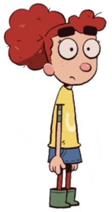 a cartoon character with red hair is wearing a yellow shirt with the letter l on it