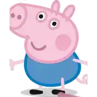 a cartoon pig with a blue shirt and black shoes