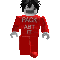 a red robot with the words pack abt it written on his shirt