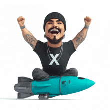 a man in a black shirt with an x on it sits on a blue rocket