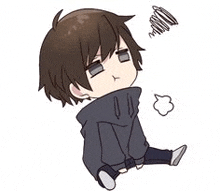 a chibi boy is sitting down with his head down and a smoke coming out of his nose .