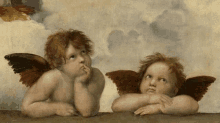 a painting of two cherubs with wings looking up