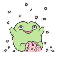 a green frog holding a pile of pink dots