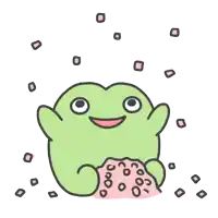 a green frog holding a pile of pink dots