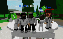 a group of roblox characters are posing for a picture with a sign that says jusdj jvpe didi on it