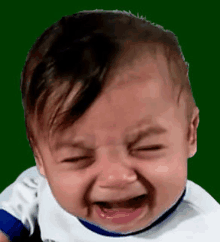 a baby is crying and making a funny face with his mouth open .