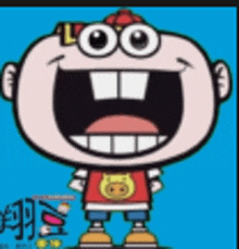 a cartoon character with a big smile on his face is wearing a red shirt with the letter b on it .