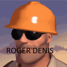 a man wearing a hard hat and sunglasses has the name roger denis on the bottom