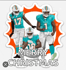 a miami dolphins christmas card with three players and the words merry christmas on the bottom