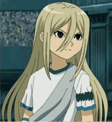 a cartoon character with long blonde hair is wearing a white and blue shirt