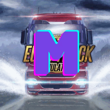 a red truck with a purple letter m in front of it