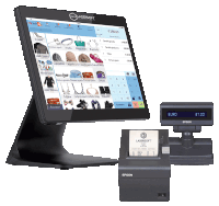 an epson thermal printer is next to a lasersoft monitor