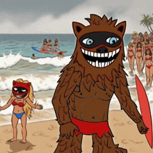 a cartoon drawing of a monster holding a surfboard