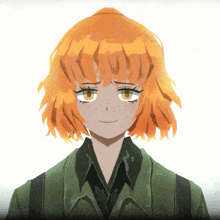 a girl with orange hair and freckles is wearing a green jacket