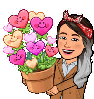 a cartoon woman is holding a potted plant with hearts on them