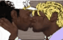 a couple of men are kissing each other in a video game