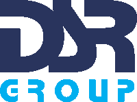 a blue and white logo for a company called dr group