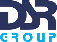 a blue and white logo for a company called dr group