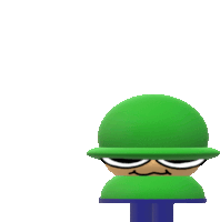 a 3d cartoon character wearing a green hat and sunglasses