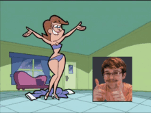 a cartoon of a woman with her arms outstretched next to a picture of a man with glasses