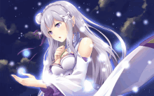 a girl with white hair and purple eyes is holding something