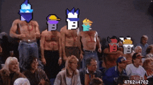 a group of people sitting in a stadium with pixelated faces on their chests .