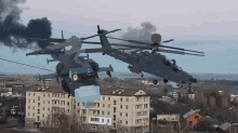 two helicopters are flying over a city and one of them has a sign that says cccp on it