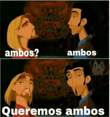 a cartoon of two men talking to each other with the words queremos ambos written below them .