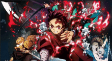 a poster for demon slayer shows a boy with a sword in his hand