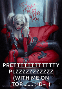 harley quinn is sitting on a red couch with a gun in her hand