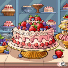 a cake with strawberries and blueberries on top of it