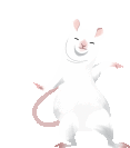 a white cartoon rat is standing on its hind legs with its arms outstretched and smiling .