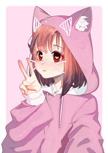 a girl in a pink hoodie with cat ears is giving a peace sign