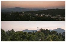 a collage of two pictures showing a sunset and a statue