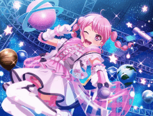 a girl with pink hair is holding a microphone and a pink planet